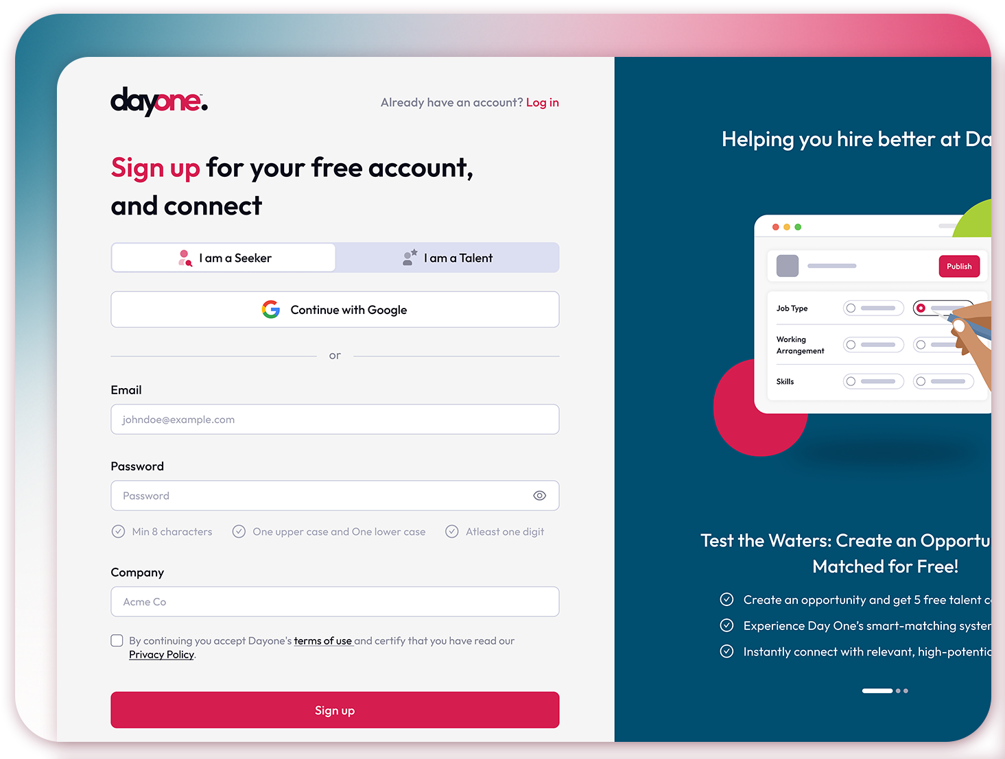 Create your free account page